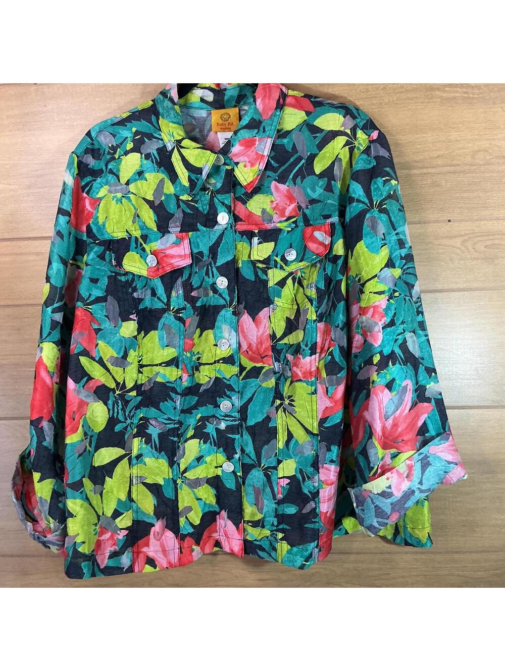 Ruby Rd Woman Tropical Button Front Jacket Shirt 18W Roll Tab Sleeve Linen Blend